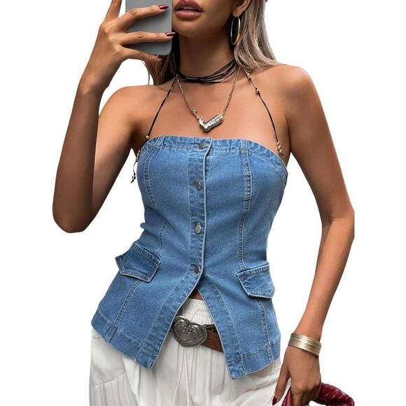 NWT Cicy Bell Women’s Light Wash Denim Strapless Vest Button Down Top Large - Picture 1 of 4